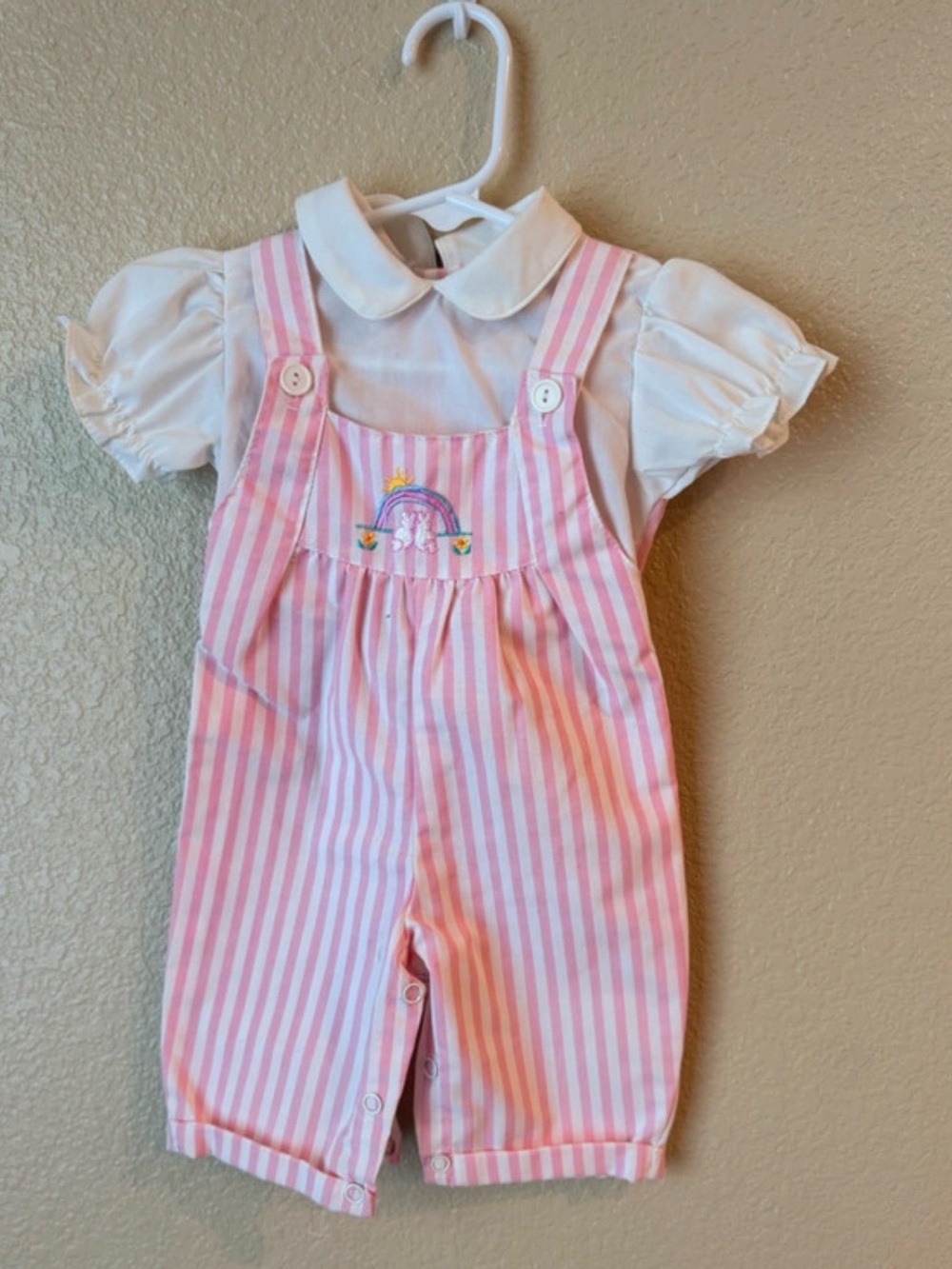 Vintage Pink Striped Baby Overalls - Rainbow Embroidered